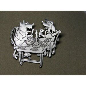 VTG JJ Jonette Metal Pewter Dog Dinner Party Pin Brooch Figural 2.75"